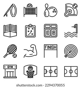 sport line icons set. tennis, net, ring, target, finish, boxing, badminton, bowling, surfing, swimming, archery, athlete, athletic, award, ball, baseball, basketball