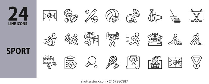 Sport line icons set with Tennis, Football, Volleyball, Basketball, Ski, Boxing, Baseball, Hockey, Running, Medal and more. Editable Stroke