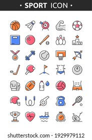 Sport line icons. Vector set of colorful sport tools and equipment, balls, healthy lifestyle. Fitness and gym symbols for web, print, digital and apps. Sport activities. Flat linear pictogram concept