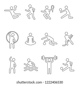 Sport linear icons set, vector silhouette, flat fitness logo, stencil emblem, line shape athlete person. Outline black badges team and singles various sports games isolated on white background