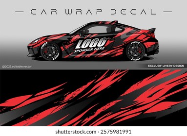 Sport livery design. Car wrap decal with black red colour. Sticker full body car abstract design. Suitable for racing, rally or daily use