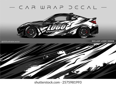 Sport livery design. Car wrap decal with black white colour. Sticker full body car abstract design. Suitable for racing, rally or daily use