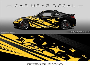 Sport livery design. Car wrap decal with black yellow colour. Sticker full body car abstract design. Suitable for racing, rally or daily use