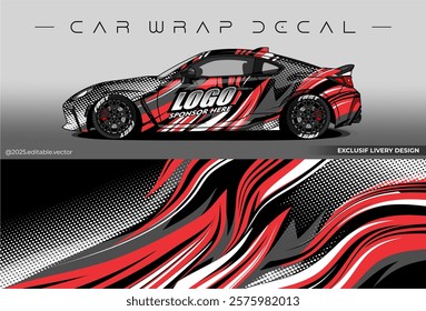 Sport livery design. Car wrap decal with black red colour. Sticker full body car abstract design. Suitable for racing, rally or daily use