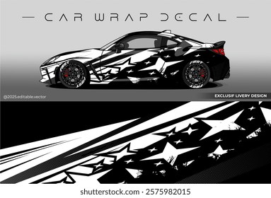 Sport livery design. Car wrap decal with black white colour. Sticker full body car abstract design. Suitable for racing, rally or daily use