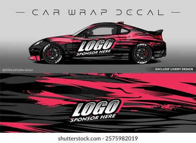 Sport livery design. Car wrap decal with black pink colour. Sticker full body car abstract design. Suitable for racing, rally or daily use