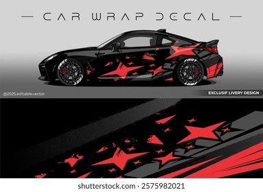 Sport livery design. Car wrap decal with black red colour. Sticker full body car abstract design. Suitable for racing, rally or daily use