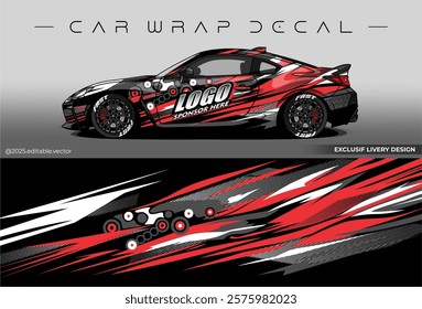 Sport livery design. Car wrap decal with black red colour. Sticker full body car abstract design. Suitable for racing, rally or daily use