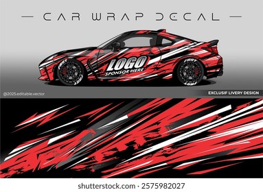 Sport livery design. Car wrap decal with black red colour. Sticker full body car abstract design. Suitable for racing, rally or daily use