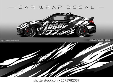 Sport livery design. Car wrap decal with black white colour. Sticker full body car abstract design. Suitable for racing, rally or daily use