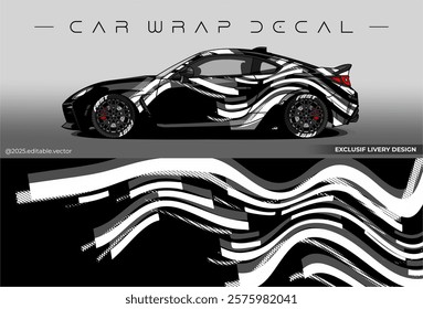 Sport livery design. Car wrap decal with black white colour. Sticker full body car abstract design. Suitable for racing, rally or daily use