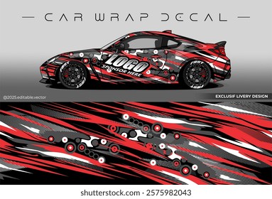 Sport livery design. Car wrap decal with black red colour. Sticker full body car abstract design. Suitable for racing, rally or daily use