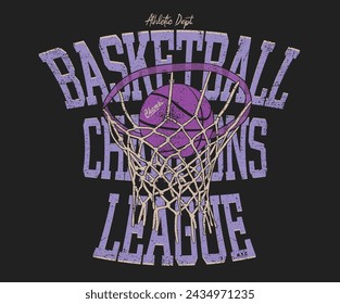 Sport logo. College font. Basketball club vector t-shirt design. New York basketball league graphic print design. Champion tournament. Basketball college league. Vintage artwork for sportswear.