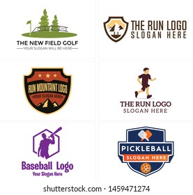 Sport Logo Design Field Golf And Man Holding Baseball Bat Running Illustration Vector Suitable For Fitness Pickle Ball Adventure Club Label