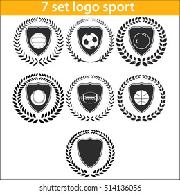 Sport logo design illustration seven shields set. Emblem lowercase flat logo design template, with wreath and laurel. 

