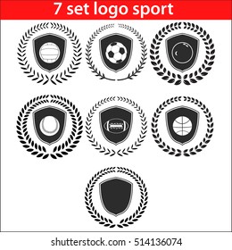 Sport logo design illustration seven shields set. Emblem lowercase flat logo design template, with wreath and laurel. 
