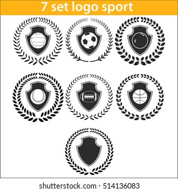 Sport logo design illustration seven shields set. Emblem lowercase flat logo design template, with wreath and laurel. 
