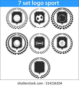 Sport logo design illustration seven shields set. Emblem lowercase flat logo design template, with wreath and laurel. 
