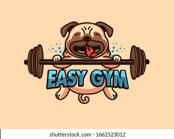 Sport logo and emblem. Easy gym badge, sticker, label on beige background isolated. Funny pug, dog logotype with text, phrase. Vector illustration