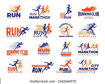 Logo deportivo. Atletas maratonistas sanos corriendo sprint badges colección vectorial aislados