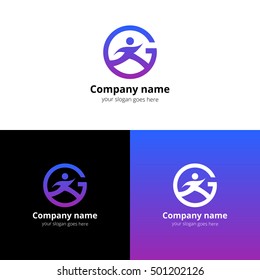 Sport logo, icon, emblem flat and vector design template. Trend violet-purple gradient color on white and black background. Symbol sport with letter G vector elements.