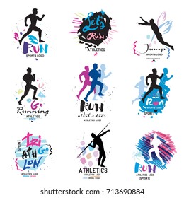 Sport logo, logotype sport. Running, marathon logo and illustrations. Fitness, athlete training symbols, numbers, signs.