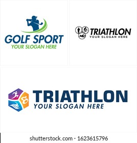 Sport logo with people some play golf cycle swim and run symbol icon element circle hexagon shape line creative design suitable for training school club fitness runner