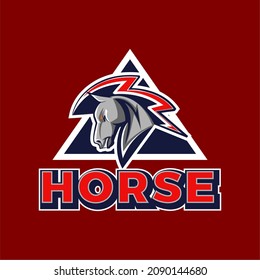 sport logo vector illustration of a horse head mascot side view with lightning-like hair on a triangle