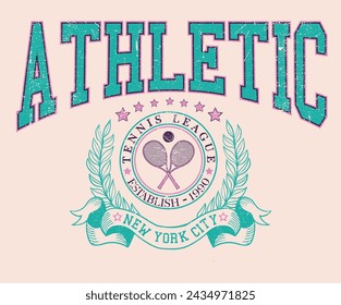 Logo Sport. Obra de arte vintage para ropa deportiva. Diseño de camiseta vectorial de club de tenis. Diseño de estampado gráfico de la liga de tenis de Nueva York. Torneo de raquetas. Liga de la Universidad de Tenis. 