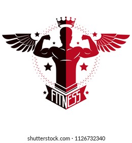 Sport logo for weightlifting gym and fitness club, retro style vector emblem with wings. With bodybuilder silhouette.