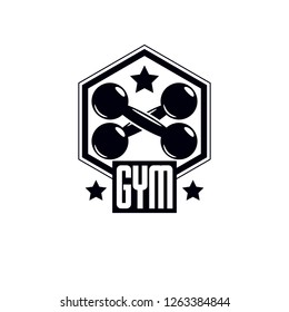 Sport logo for weightlifting gym and fitness club, retro style vector emblem. With dumbbell.
