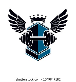 Sport logo for weightlifting gym and fitness club, vintage style vector emblem with wings. With barbell.