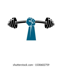 Sport logo for weightlifting gym and fitness club, vintage style vector emblem. With barbell and strong hand fist.