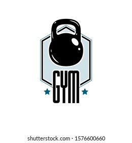 Sport logo for weightlifting gym and fitness club, retro stylized vector emblem or badge. With kettlebell.