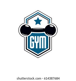 Sport logo for weightlifting gym and fitness club, retro style vector emblem. With dumbbell.