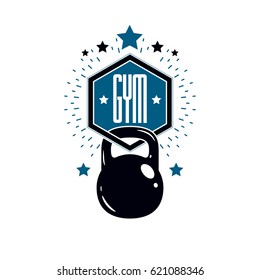 Sport logo for weightlifting gym and fitness club, retro stylized vector emblem or badge. With kettlebell.