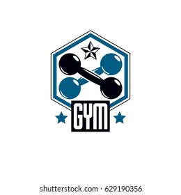 Sport logo for weightlifting gym and fitness club, retro style vector emblem. With dumbbell.