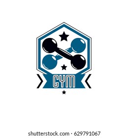 Sport logo for weightlifting gym and fitness club, retro style vector emblem. With dumbbell.