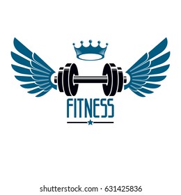 Sport logo for weightlifting gym and fitness club, vintage style vector emblem with wings. With barbell.