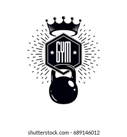 Sport logo for weightlifting gym and fitness club, retro stylized vector emblem or badge. With kettlebell.