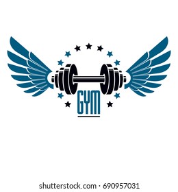 Sport logo for weightlifting gym and fitness club, vintage style vector emblem with wings. With barbell.