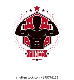 Sport logo for weightlifting gym and fitness club, retro style vector emblem. With sportsman silhouette.