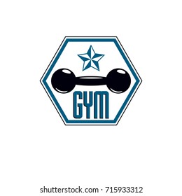 Sport logo for weightlifting gym and fitness club, retro style vector emblem. With dumbbell.