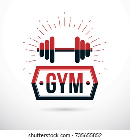 Sport logo for weightlifting gym and fitness club, vector illustration of dumbbell