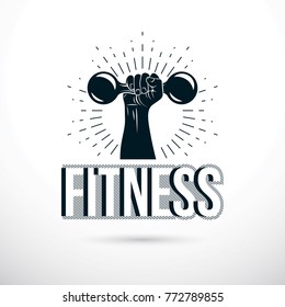 Sport logo for weightlifting gym and fitness club, vector illustration of muscular arm holding dumbbell