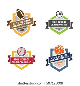 Sport Logos design vector templates: Football, Soccer, Baseball, Basketball.
Vintage style badges labels logotypes: ribbon on shield emblems.