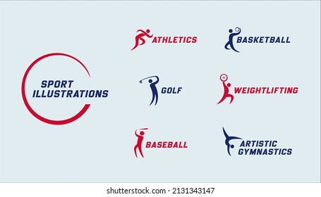 Logotipos deportivos. Golf, baloncesto, atletismo, levantamiento de pesas, béisbol, gimnasia artística emblemas simples. Ilustración vectorial.