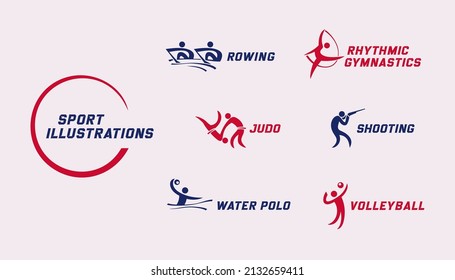 Sport logos set. Rowing, rhythmic gymnastics, judo, shooting, water polo, volleyball simple emblems. Vector illustration.