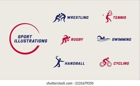 Sport logos set. Wrestling, tennis, rugby, swimming, handball, cycling simple emblems. Vector illustration.