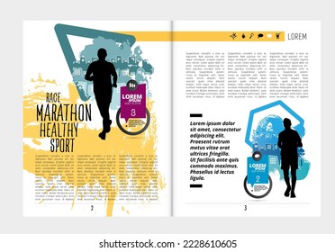Sport magazine, brochure layout easy to editable. Running marathon, people run - vector illustration